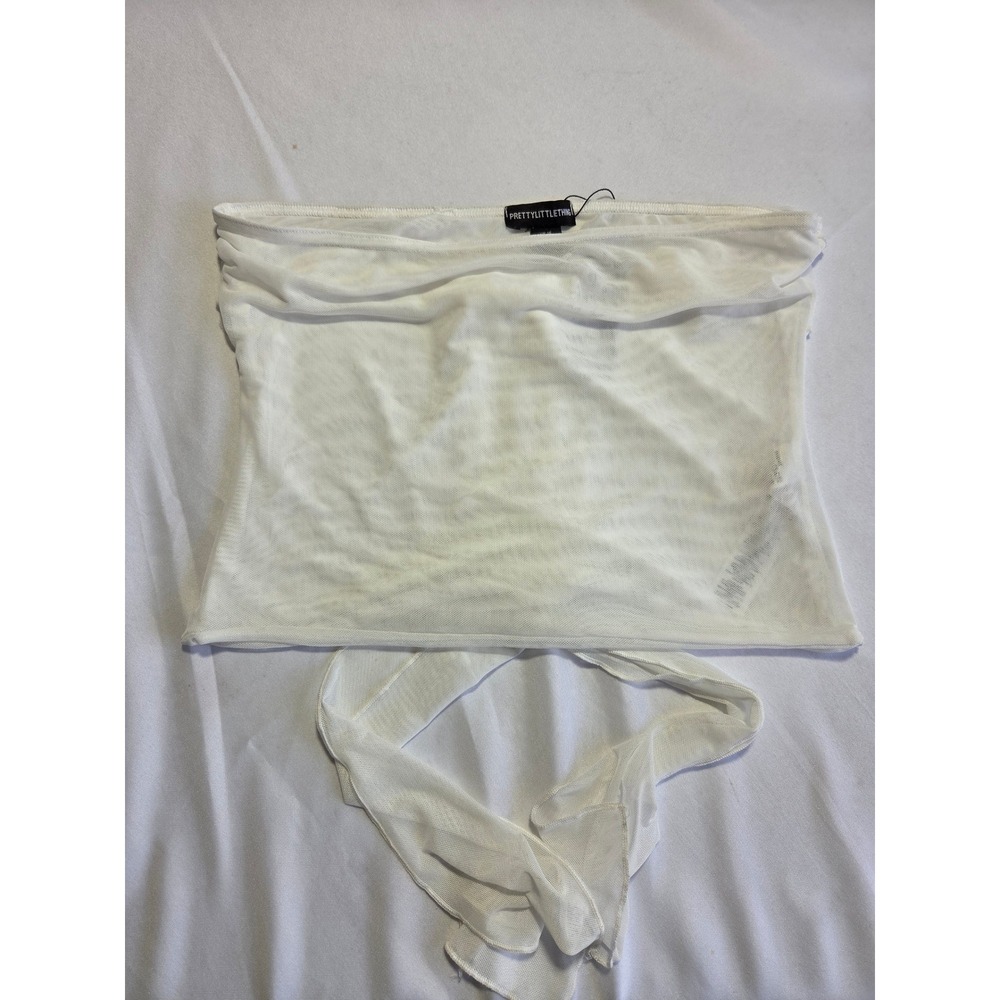 PrettyLittleThing Premium White Tube Top Mesh Ruched Knot Detail Bandeau Top